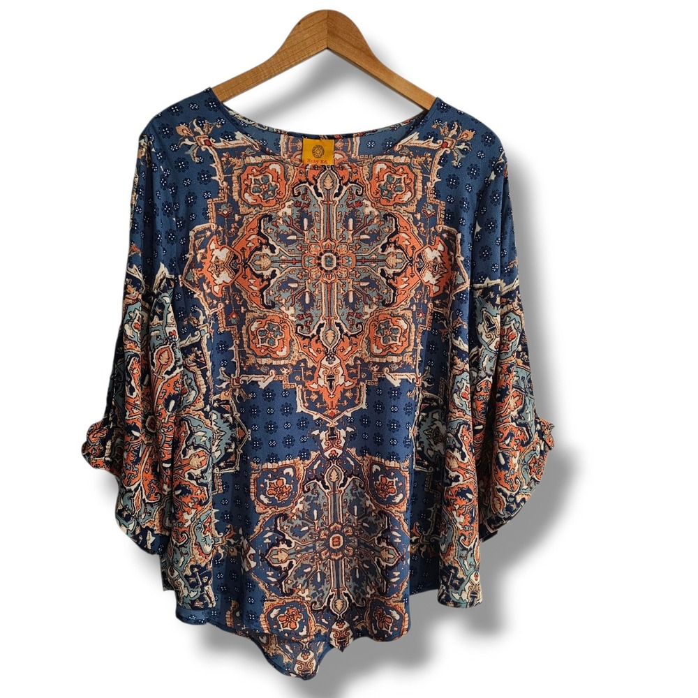 Ruby Rd Top XL Womens Blue Medallion Paisley 3/4 Sleeve Stretch Office Boho Fall